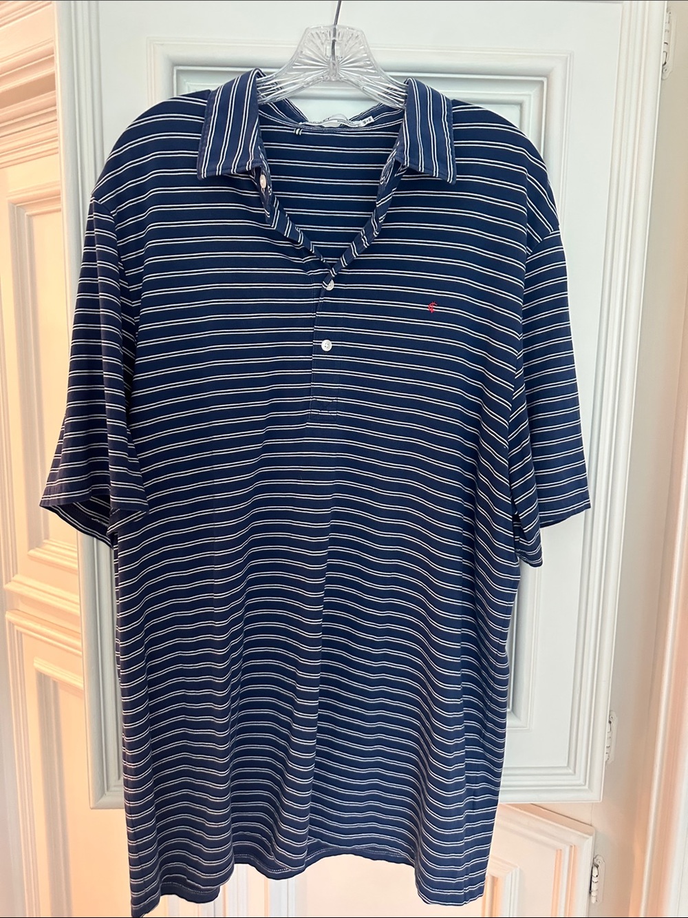 Criquet Navy and White Striped Polo with Red Logo